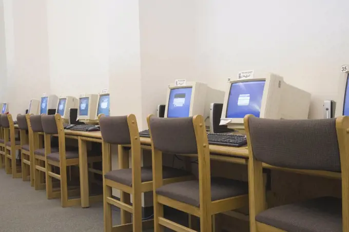 A row of computers in school library