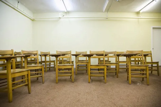 School desks in an empty classroom