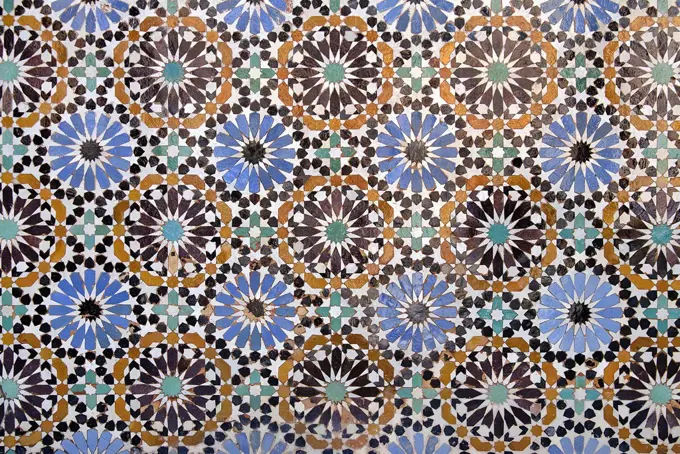 Full frame shot of mosaic tiles at Ben Youssef Madrasa, Marrakesh, Morocco