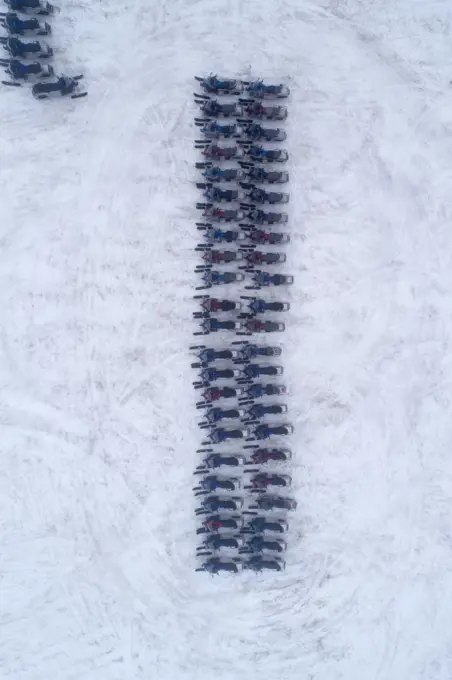 Aerial view of snowmobiles on snow, Öxará, Iceland