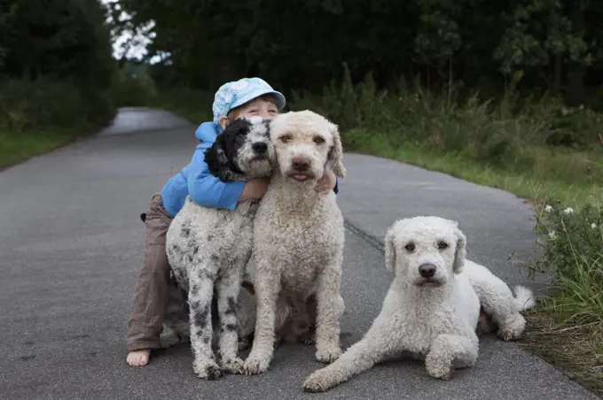 Portrait cute girl hugging dogs on rural road