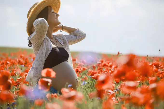 Carefree pregnant woman in sunny, idyllic rural red poppy field