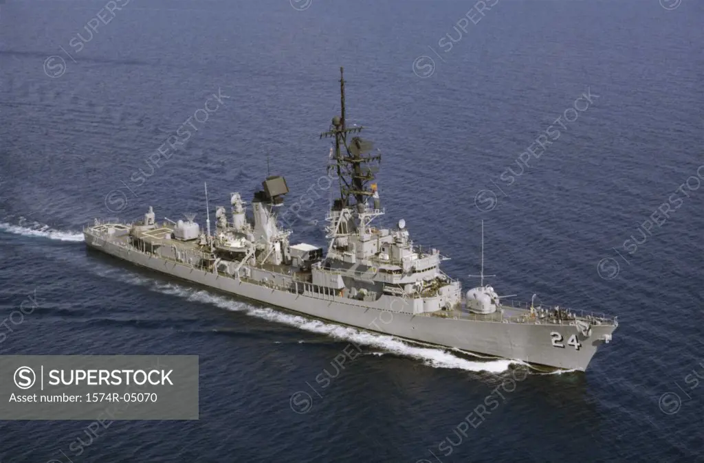 High angle view of the USS Waddell DDG-24 warship in the sea