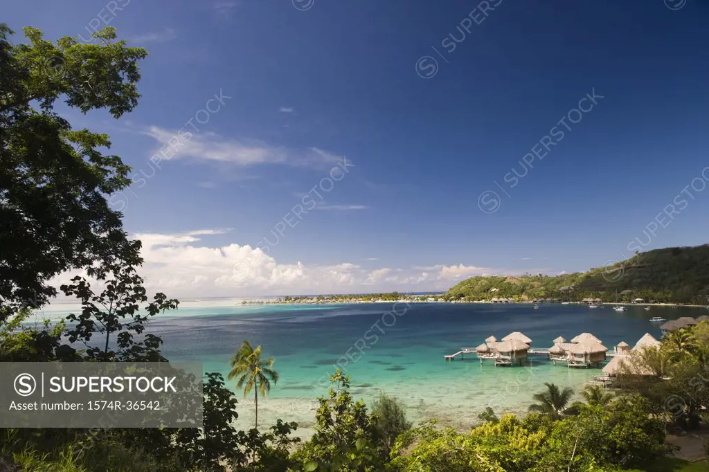 High angle view of beach huts on the beach, Bora Bora, Tahiti, French Polynesia