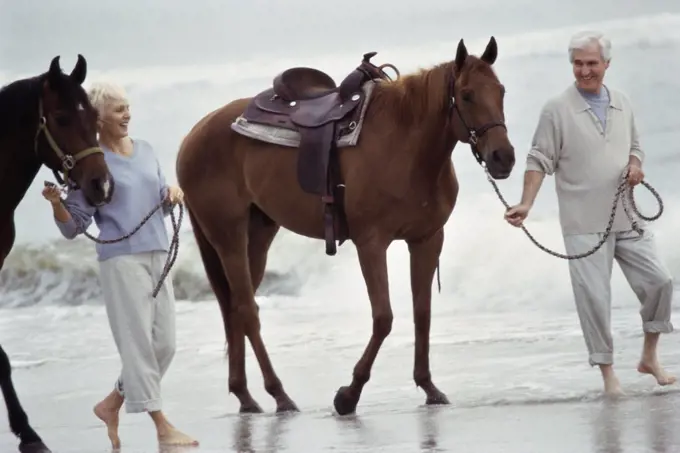 Senior couple walking with horses on the beach