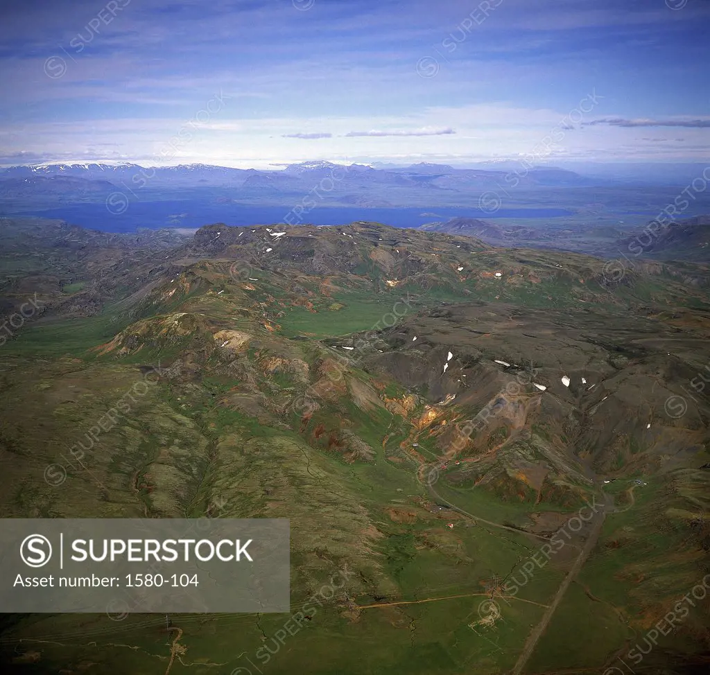 Aerial view of mountains, Mount Hengill, Lake Thingvallavatn, Thingvellir National Park, Iceland