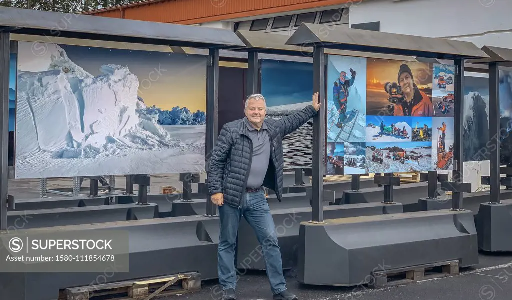 Ragnar Th Sigurdsson, Icelandic photographer in front of his images. The Jokulsarlon outdoor photo Exhibition, Iceland