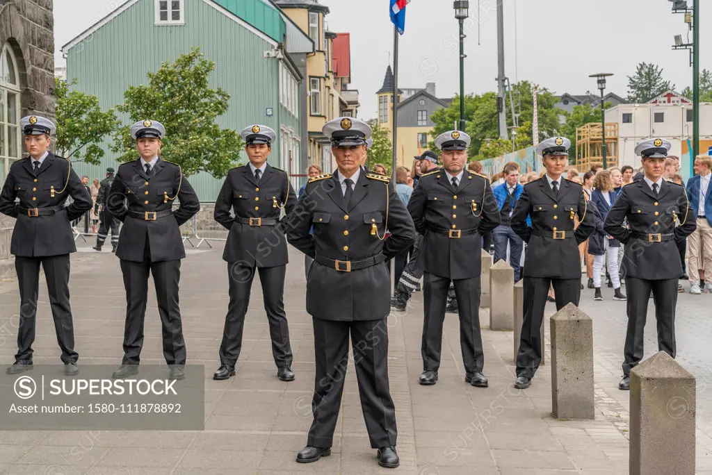 Icelandic police dressed in formal uniforms, during Iceland's Independence Day, Reykjavik, Iceland