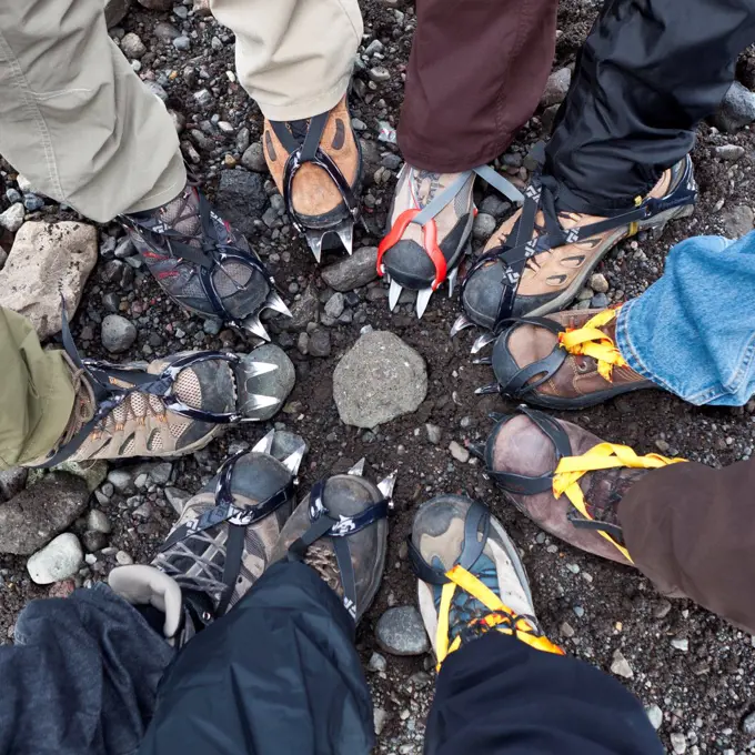 Iceland, Svinafellsjokull, Low section of climbers with crampons