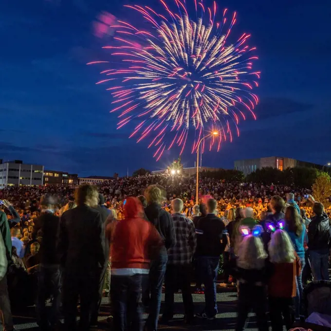 Iceland, Reykjavik, Crowd watching fireworks during Reykjavik's cultural festival, known as Menningarnott