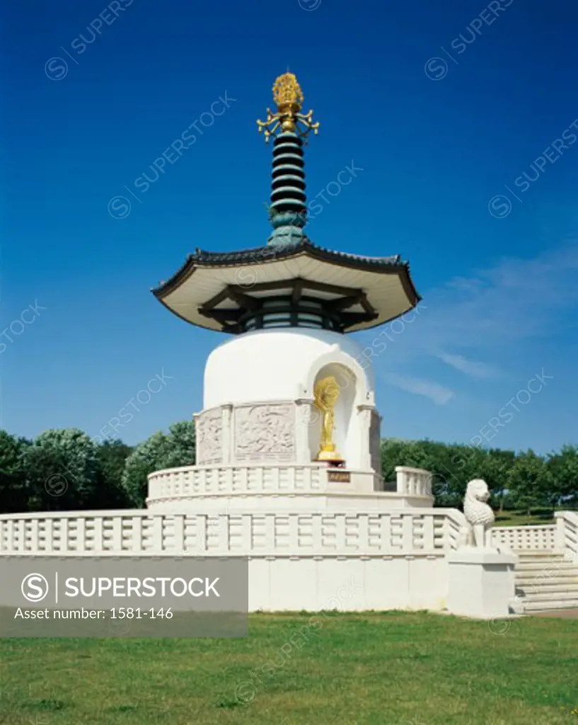 Low angle view of a monument, Peace Pagoda, Willen Park, Milton Keynes, England
