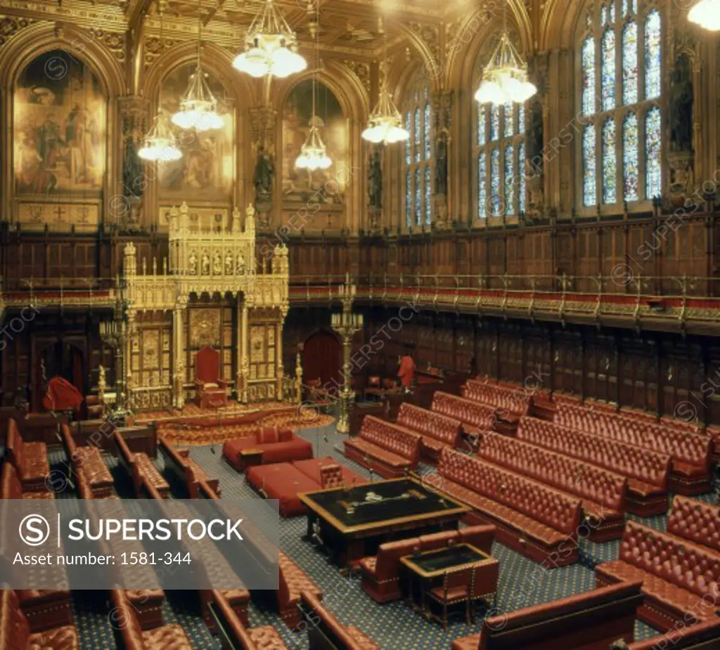 Interior of a government building, House of Lords, Houses of Parliament, London, England