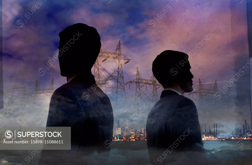 Double exposure of businessmen and power lines