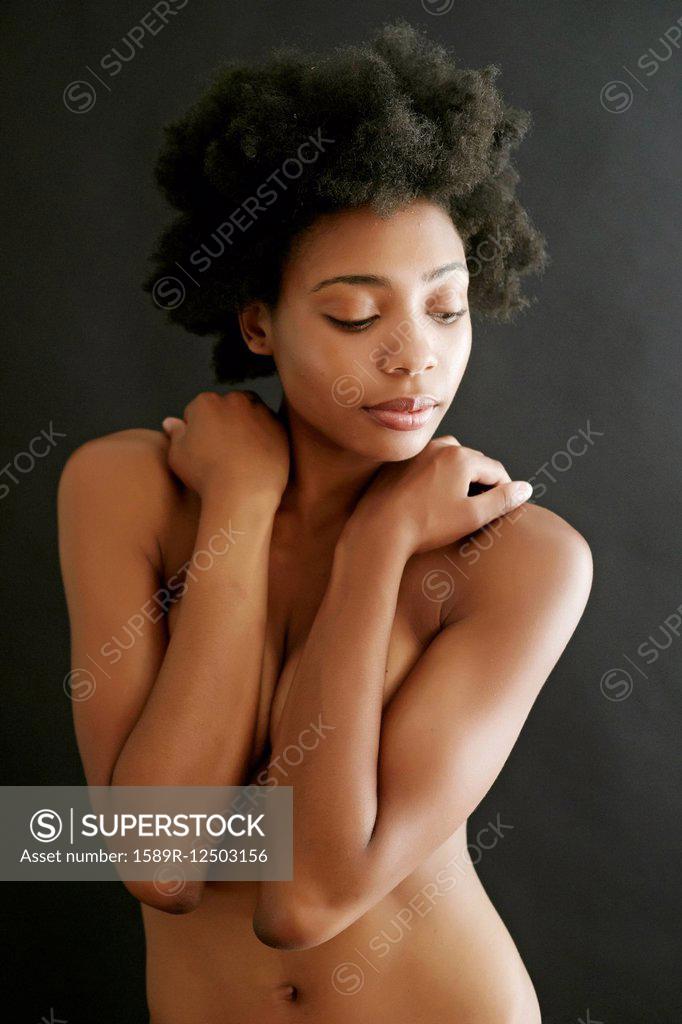 Topless Attracitve African American Woman Breast Covered Stock