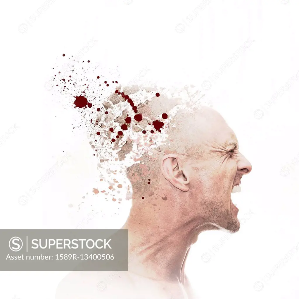 Caucasian man with exploding head