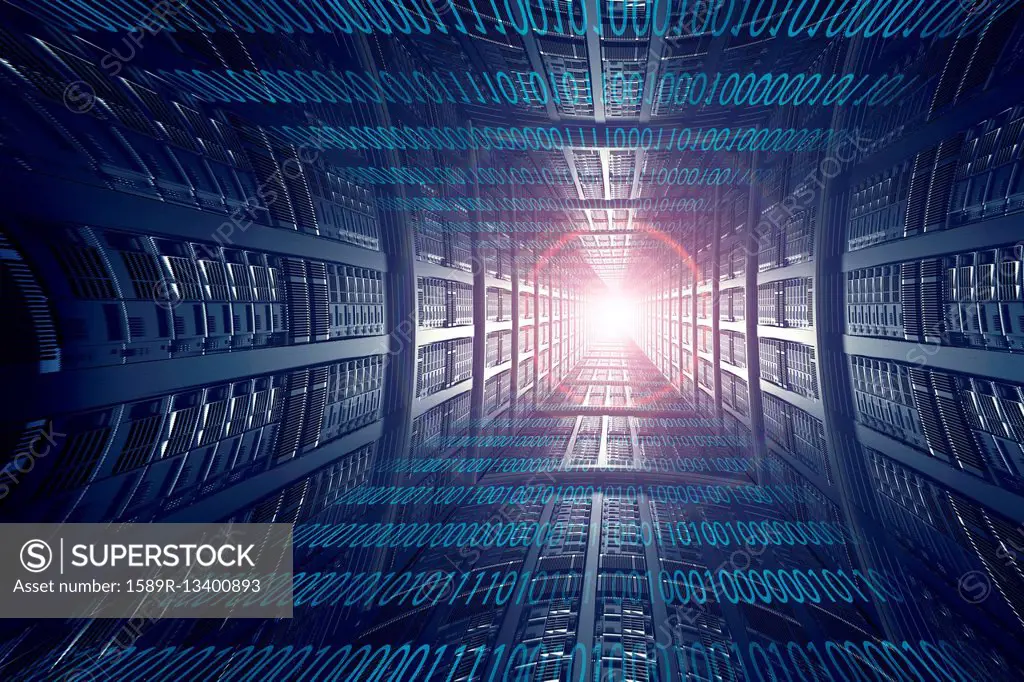 Light shining from bending binary code and computer servers