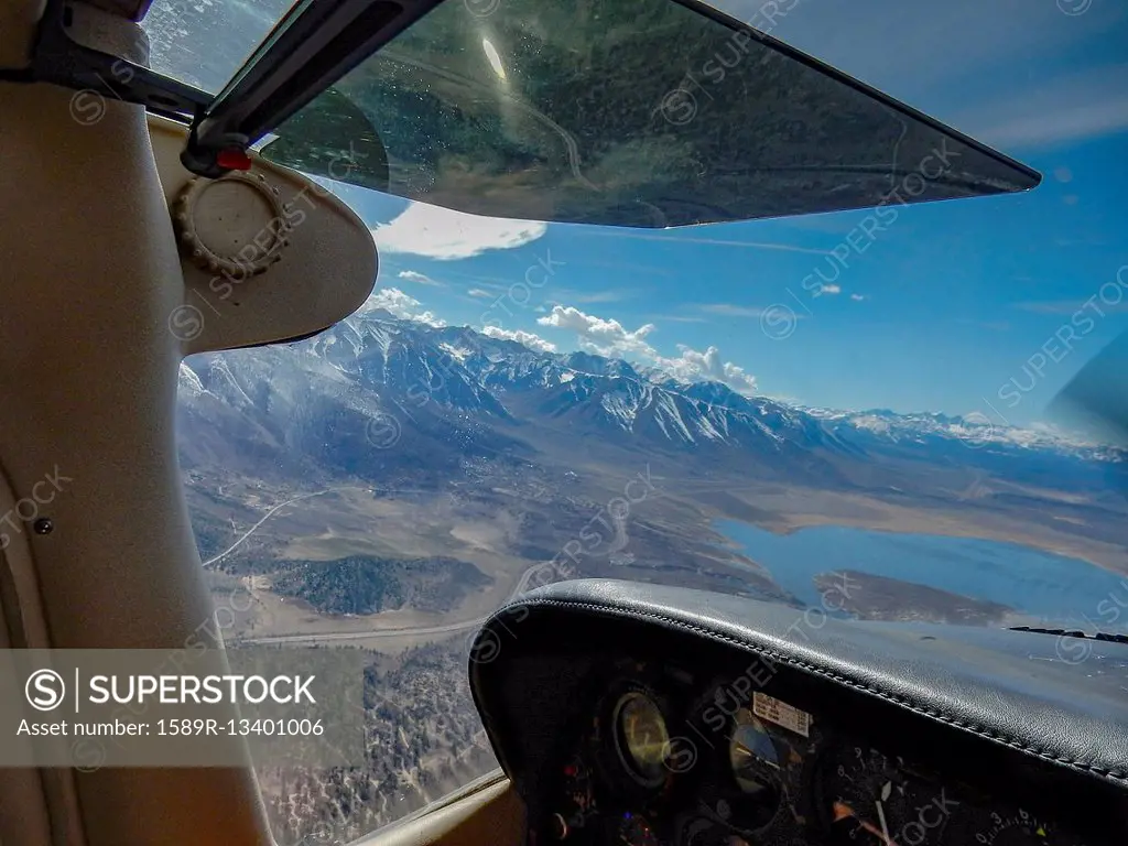 View of lake and mountains from cockpit, Bishop, California, United States,
