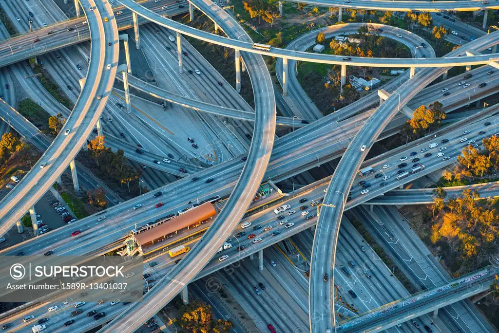 Aerial view of highway interchange in cityscape