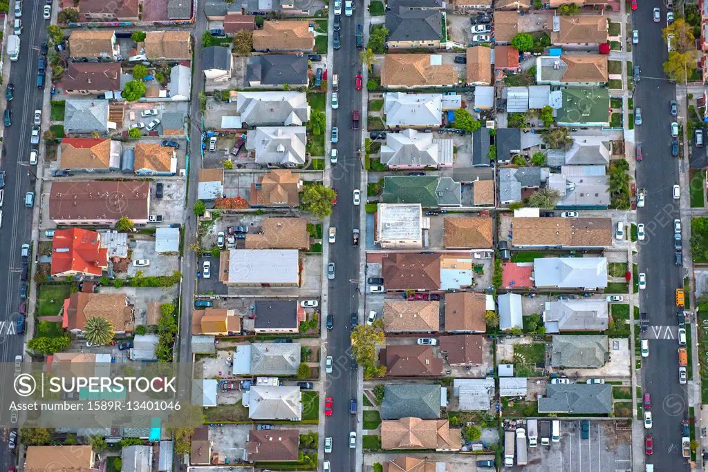 Aerial view of houses in suburban cityscape