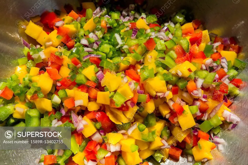 Diced peppers and onions in bowl