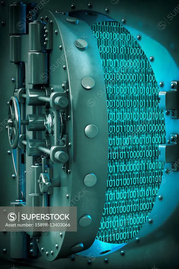 Open vault door revealing binary code