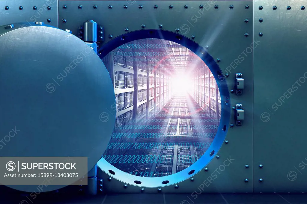 Open vault door revealing computer servers and binary code