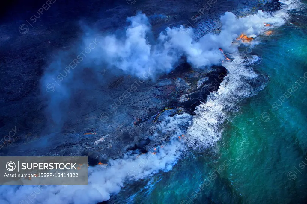 Aerial view of undersea volcanoes erupting