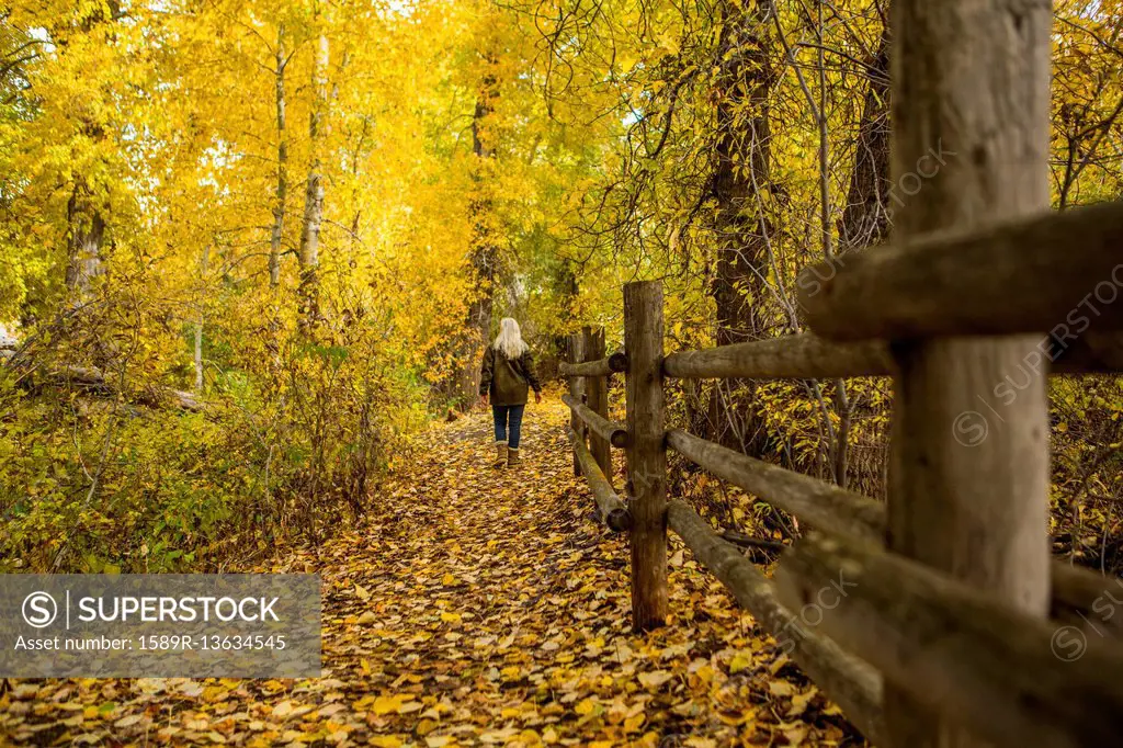 Caucasian woman walking near wooden fence in autumn