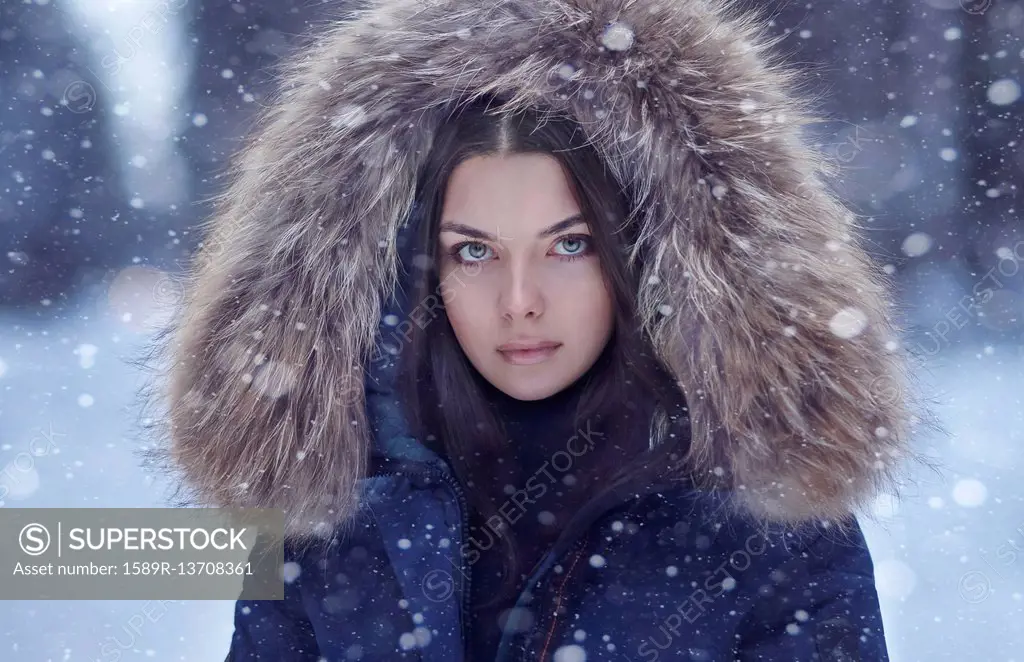 Portrait of serious Caucasian woman in winter