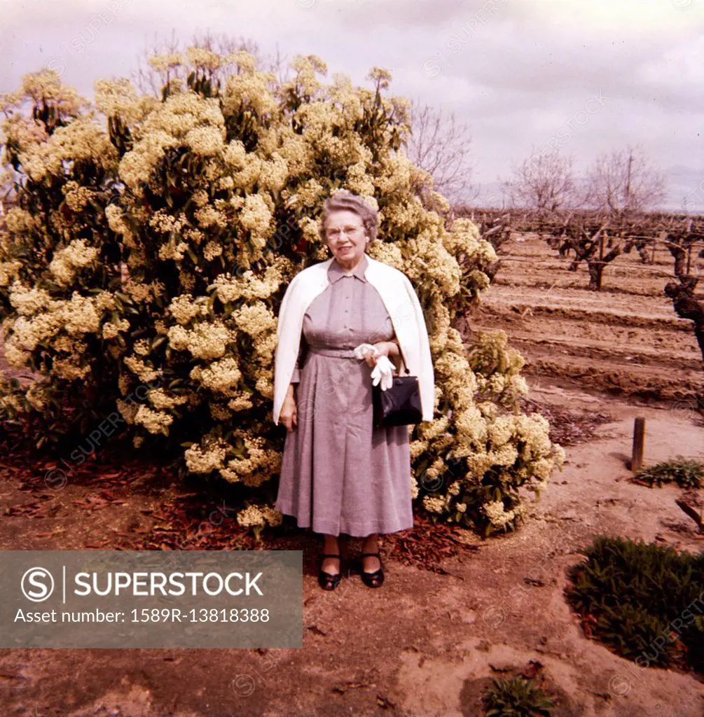 Older Caucasian woman wearing dress near vineyard