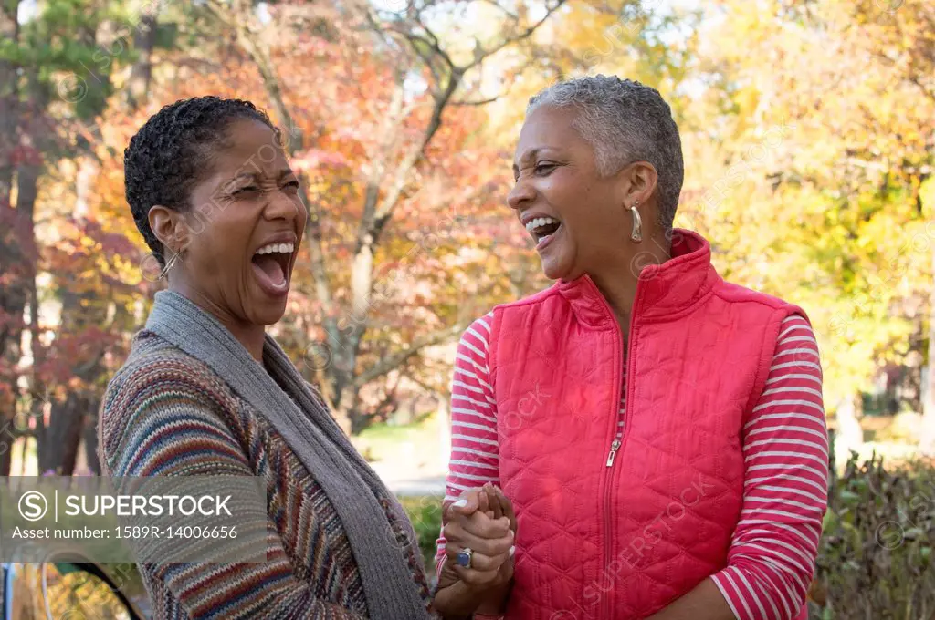 African American women holding hands and laughing outdoors