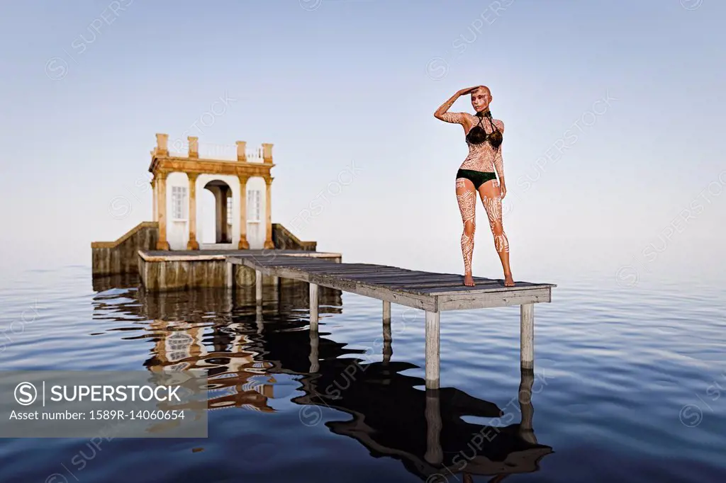 Cyborg woman searching on pier in ocean