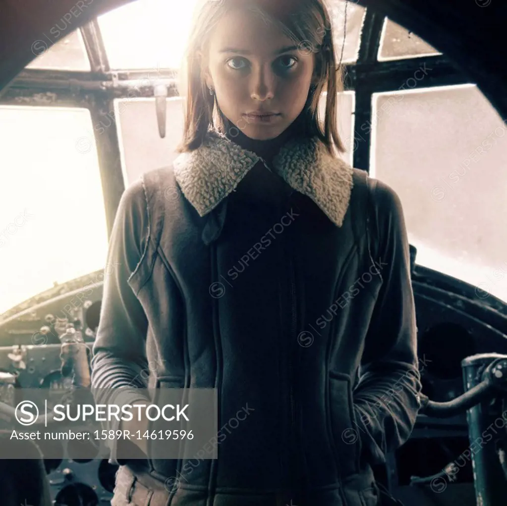 Caucasian woman standing in cockpit