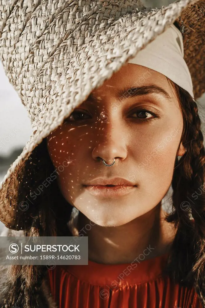 Close up of Caucasian woman with nose ring