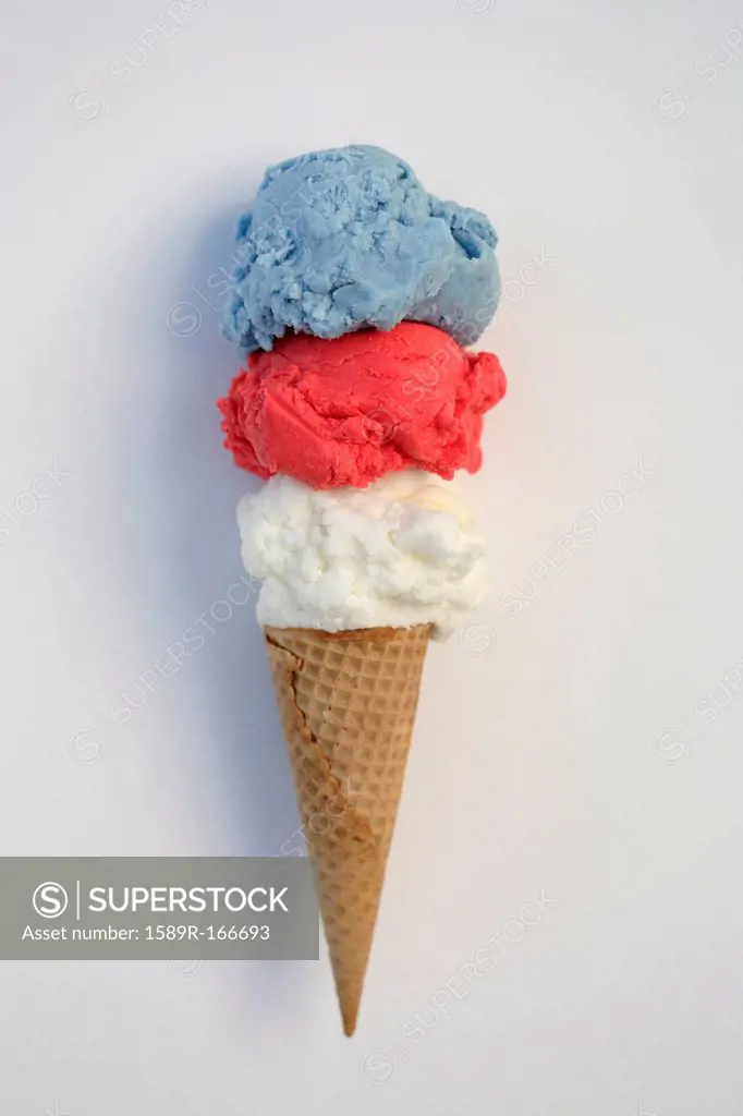 Red, white and blue ice cream in cone