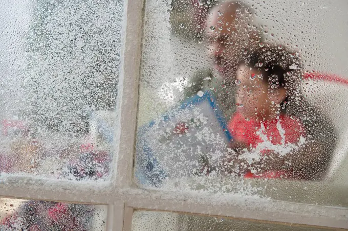 Close up of snow on window at Christmas