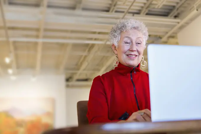 Older mixed race woman using laptop in art gallery