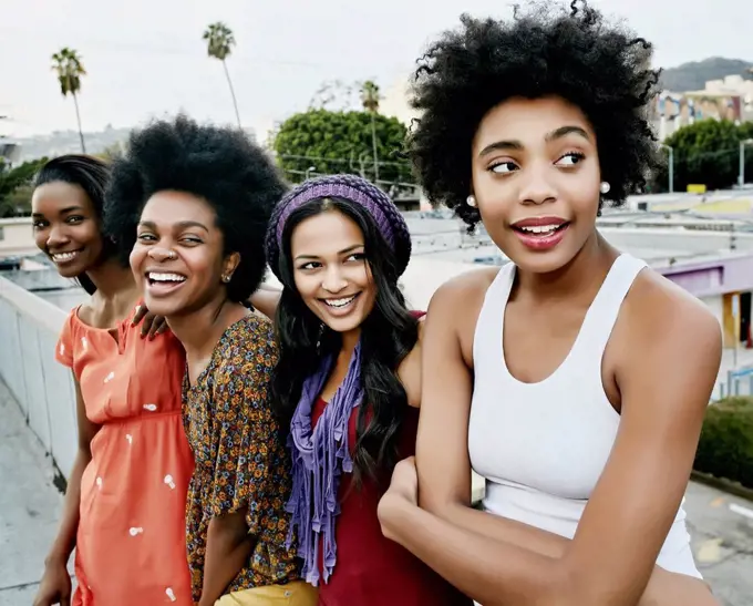 Women smiling on urban rooftop