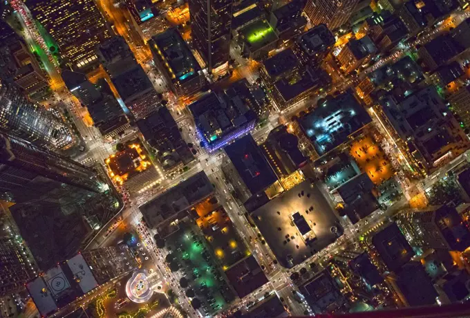 Aerial view of Los Angeles cityscape lit up at night, California, United States