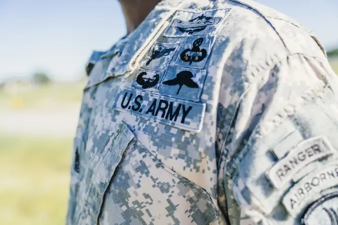 Patches on uniform of Black soldier