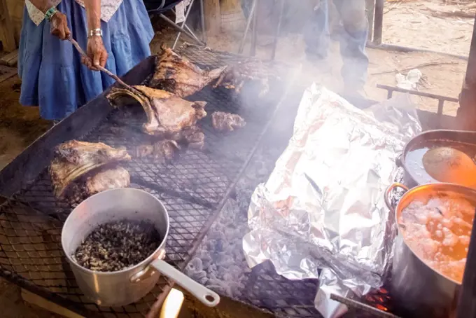 Woman cooking food on smoking grille