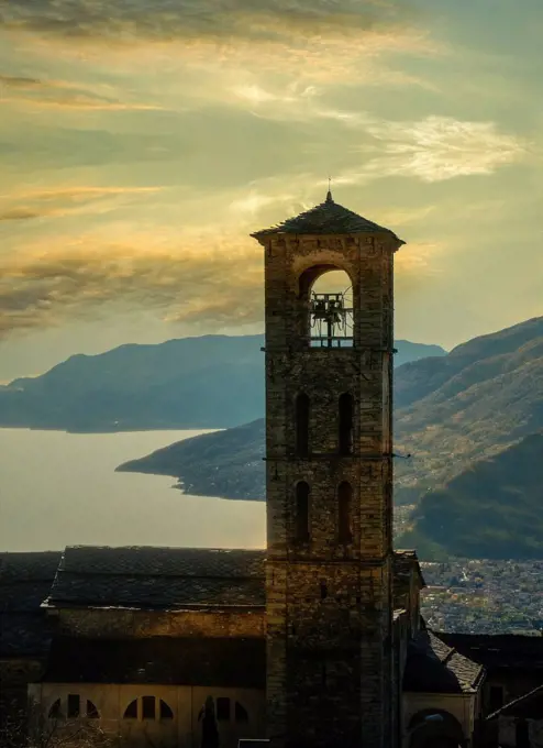 Bell tower at sunset, Gravedona, Lake Como, Italy