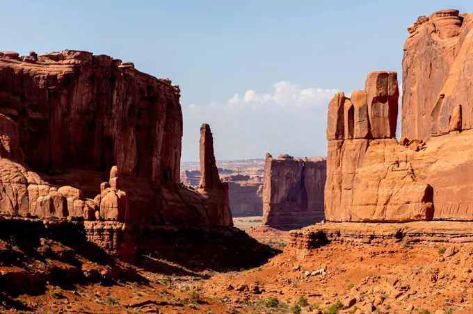 Rock formations in desert landscape, Arches National Park, Utah, United States