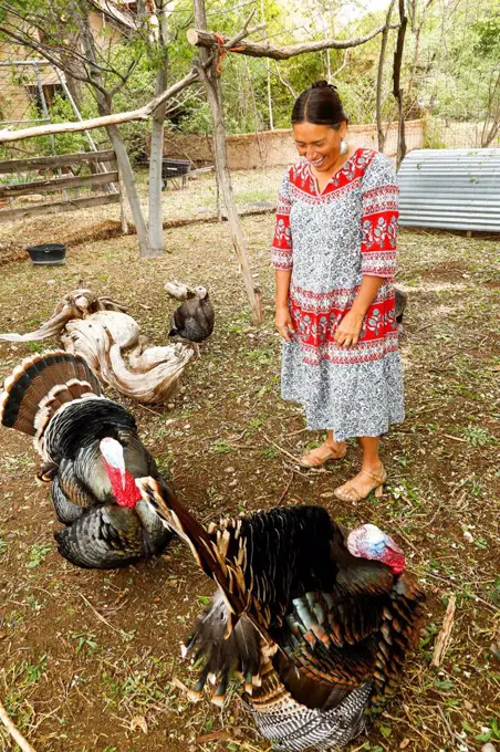 Mixed race woman watching turkeys and laughing