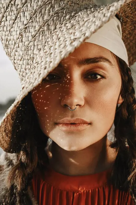 Close up of Caucasian woman with nose ring