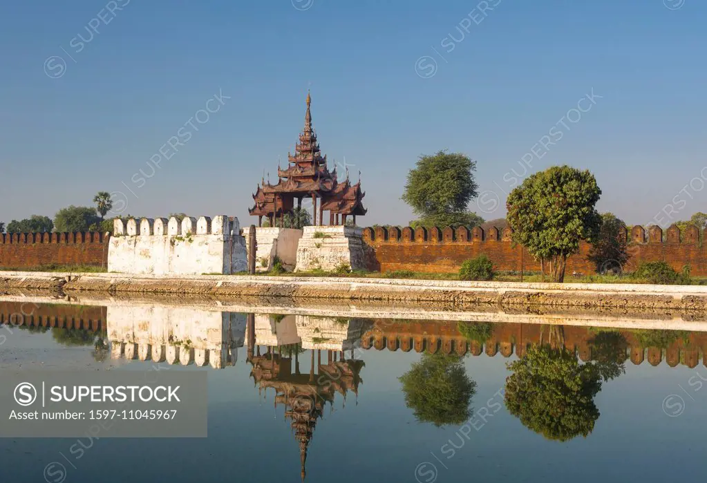 Mandalay, Royal Palace, Myanmar, Burma, Asia, architecture, city, colourful, history, moat, reflection, skyline, touristic, travel, wall