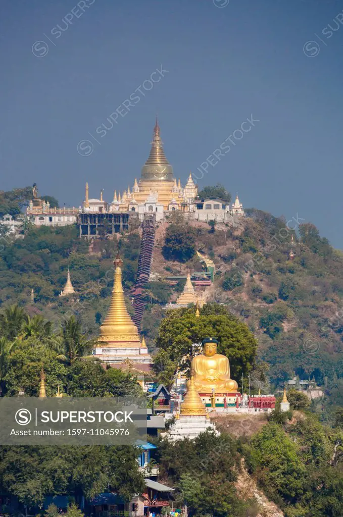 Myanmar, Burma, Asia, Sagaing, architecture, city, colourful, stupas, famous, golden, hill, pagodas, religion, skyline, touristic, travel