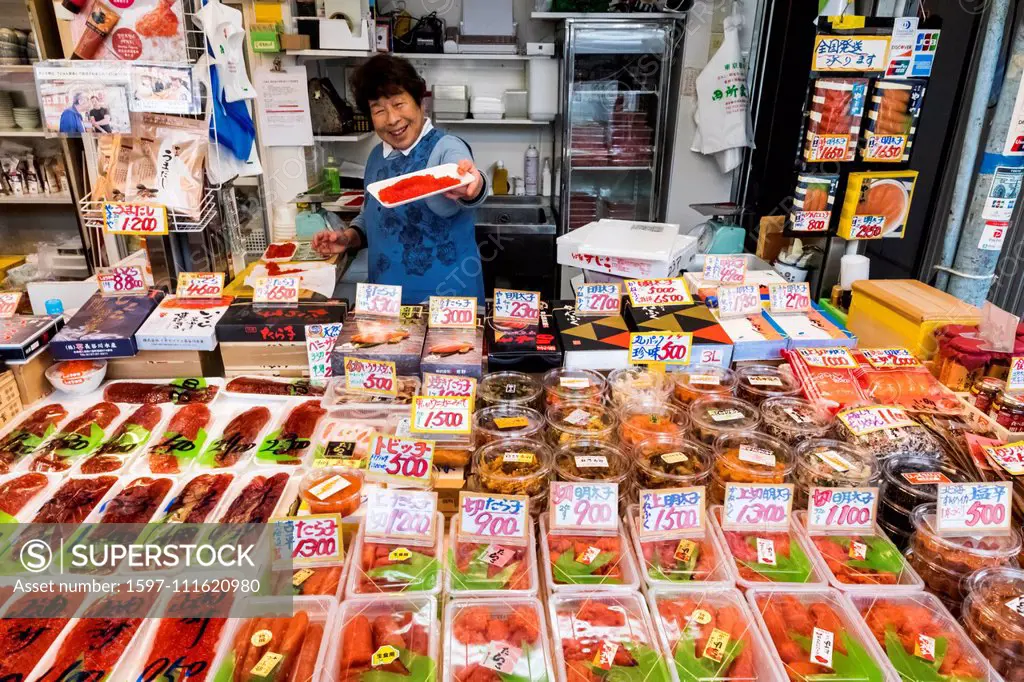 Japan, Honshu, Tokyo, Tsukiji Market, Dried Seafood Shop Display