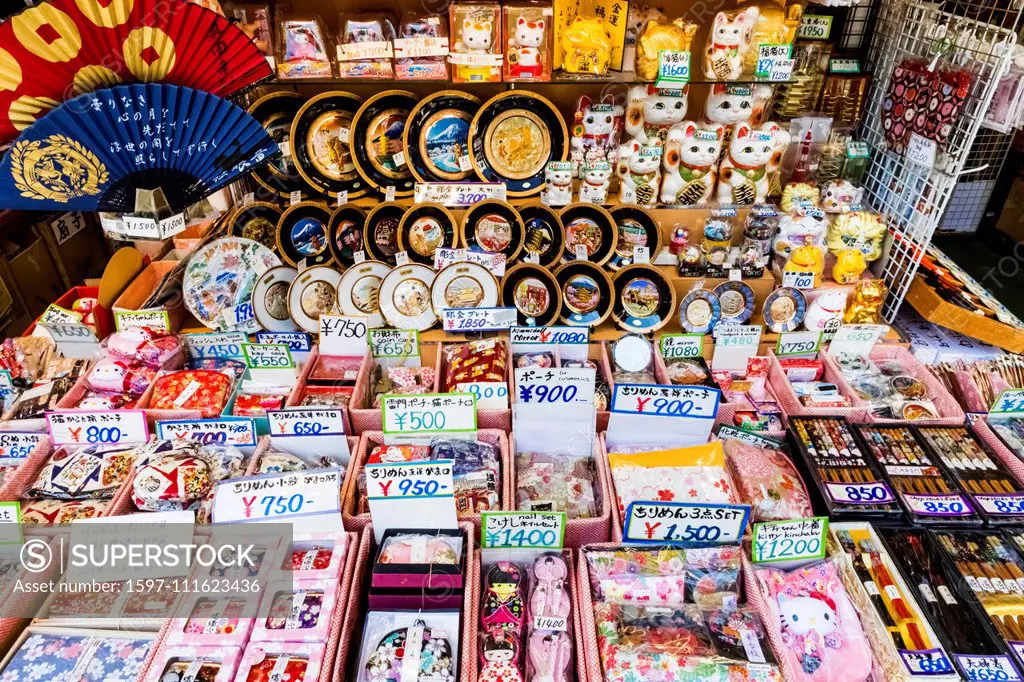 Japan, Honshu, Tokyo, Asakusa, Nakamise Shopping Street, Souvenir Shop Display