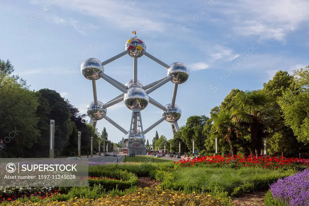 Atomium, spheres, Belgium, Europe, Brussels, architecture, balls, city, colourful, expo, famous, flowers, spring, touristic, travel